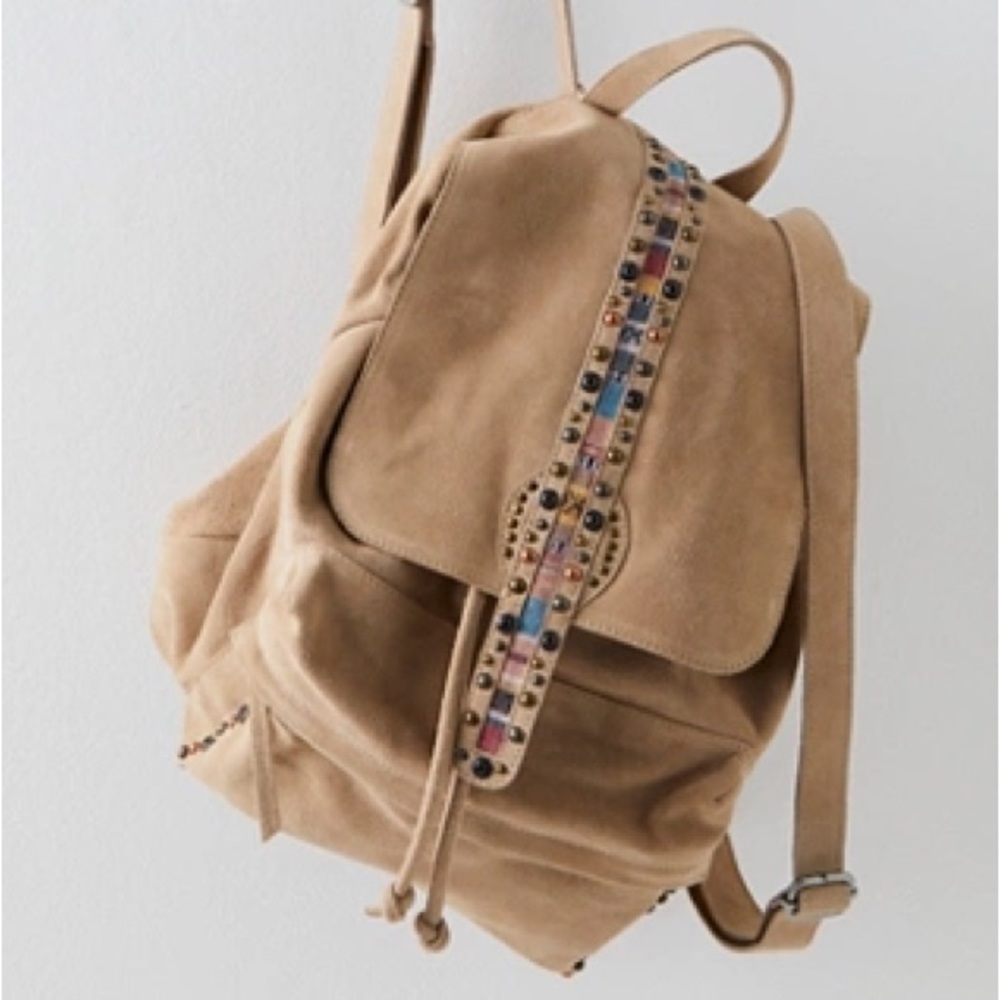 Free People Suede Backpack in Tan with Multicolor Studded Accent